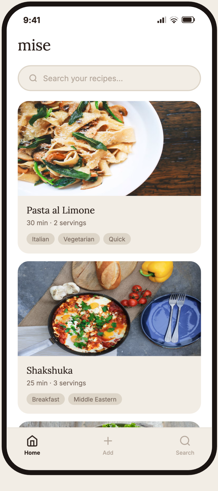 mise app home screen showing a searchable recipe library